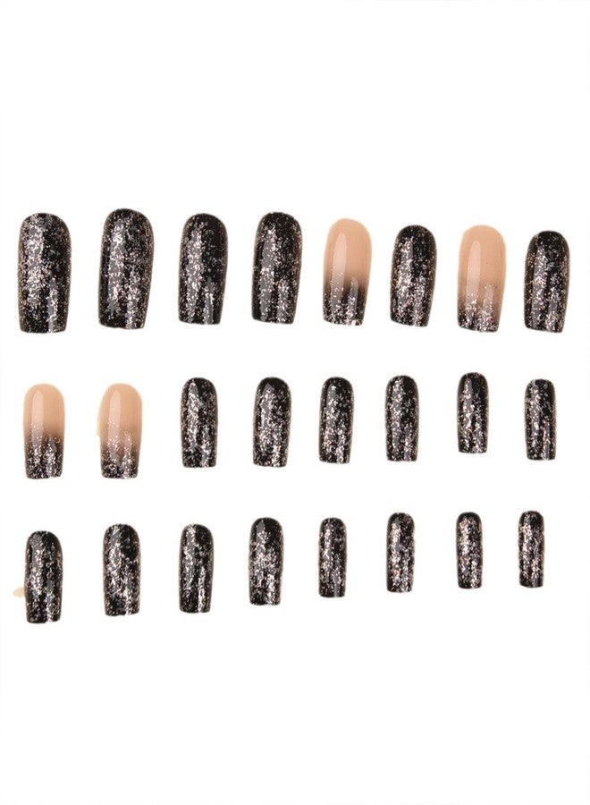 SINHOT Square Press on Nails Medium Fake Nails Glossy Glue on Nails Bling Glitter Acrylic Nails Squoval Artificial Nails Black Gradient Stick on False Nails with Design 24 pcs - Image 5